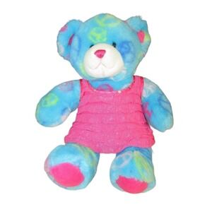 BUILD-A-BEAR LIGHT BLUE PEACE SIGN FRIENDSHIP TEDDY PLUSH in Pink Dress 15"